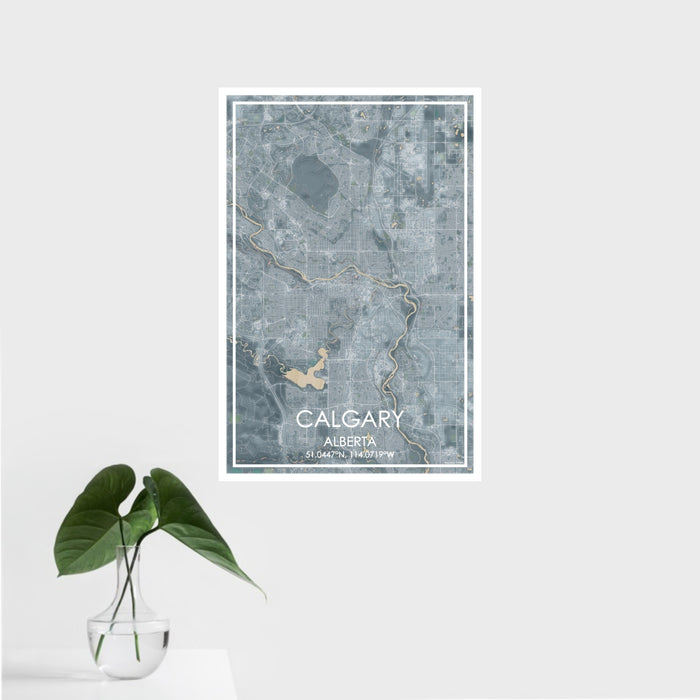 16x24 Calgary Alberta Map Print Portrait Orientation in Afternoon Style With Tropical Plant Leaves in Water