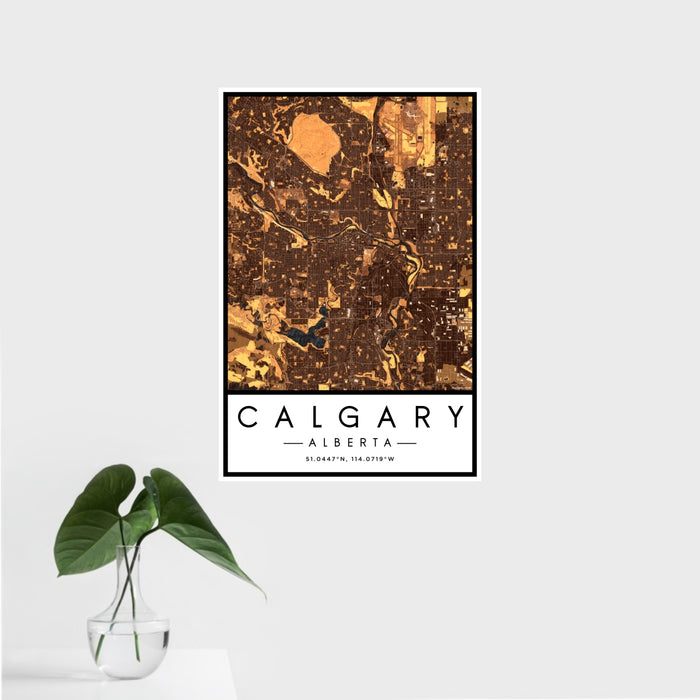 16x24 Calgary Alberta Map Print Portrait Orientation in Ember Style With Tropical Plant Leaves in Water