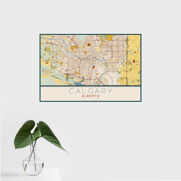 16x24 Calgary Alberta Map Print Landscape Orientation in Woodblock Style With Tropical Plant Leaves in Water