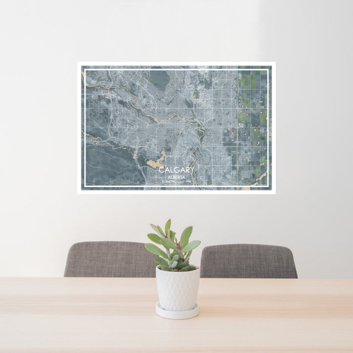 24x36 Calgary Alberta Map Print Lanscape Orientation in Afternoon Style Behind 2 Chairs Table and Potted Plant