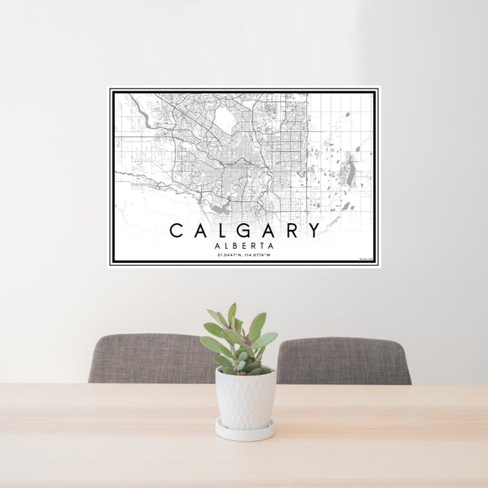 24x36 Calgary Alberta Map Print Lanscape Orientation in Classic Style Behind 2 Chairs Table and Potted Plant