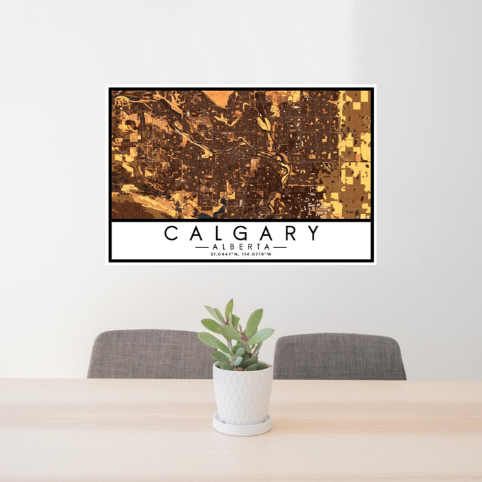 24x36 Calgary Alberta Map Print Lanscape Orientation in Ember Style Behind 2 Chairs Table and Potted Plant