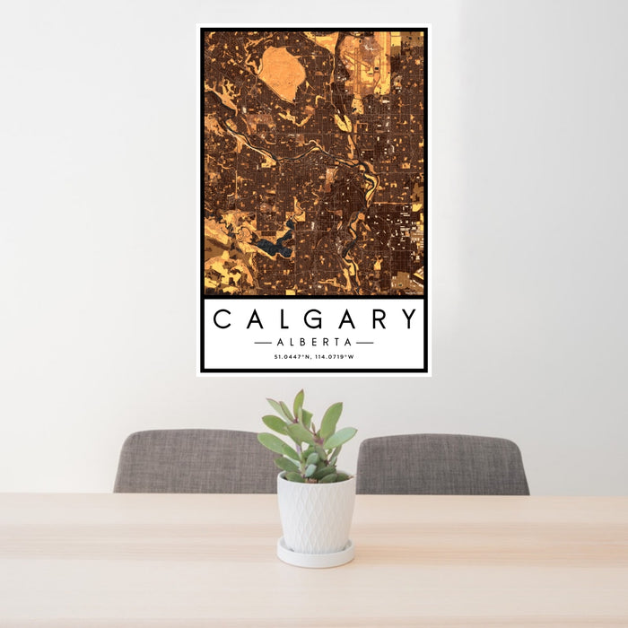 24x36 Calgary Alberta Map Print Portrait Orientation in Ember Style Behind 2 Chairs Table and Potted Plant
