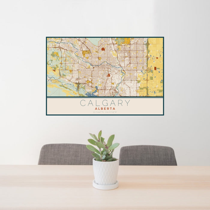 24x36 Calgary Alberta Map Print Lanscape Orientation in Woodblock Style Behind 2 Chairs Table and Potted Plant