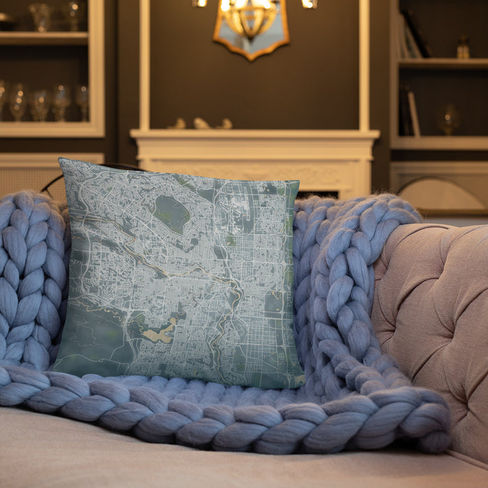 Custom Calgary Alberta Map Throw Pillow in Afternoon on Cream Colored Couch