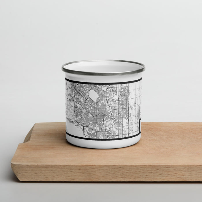 Front View Custom Calgary Alberta Map Enamel Mug in Classic on Cutting Board