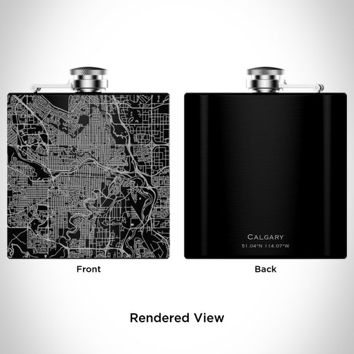 Rendered View of Calgary Alberta Map Engraving on 6oz Stainless Steel Flask in Black