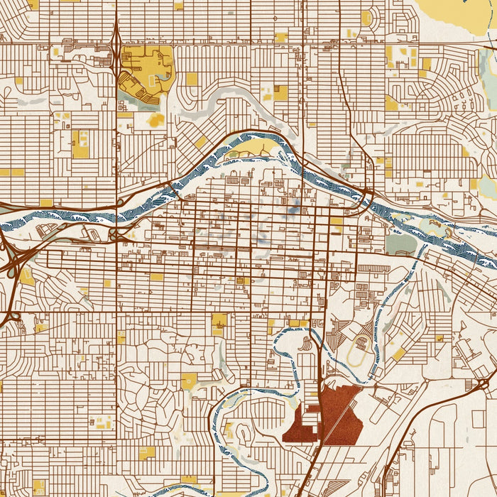 Calgary Alberta Map Print in Woodblock Style Zoomed In Close Up Showing Details