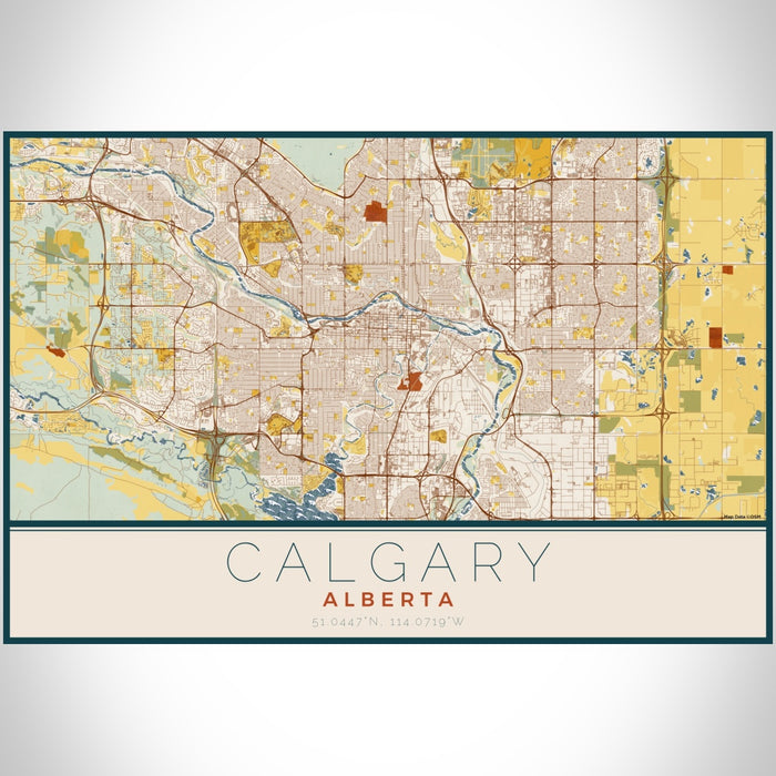 Calgary Alberta Map Print Landscape Orientation in Woodblock Style With Shaded Background