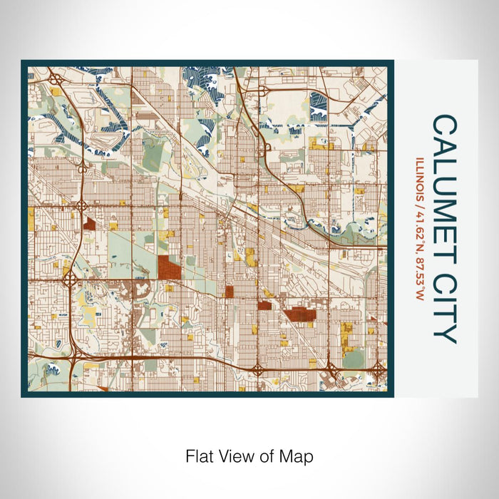 Rendered View of Calumet City Illinois Map on 20oz Stainless Steel Insulated Bottle with Bamboo Top with printed woodblock style map