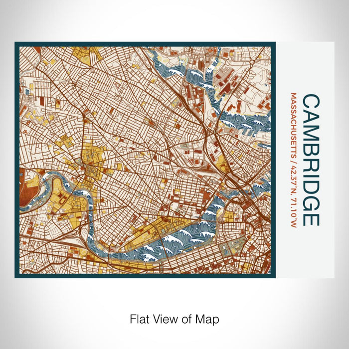 Rendered View of Cambridge Massachusetts Map on 20oz Stainless Steel Insulated Bottle with Bamboo Top with printed woodblock style map