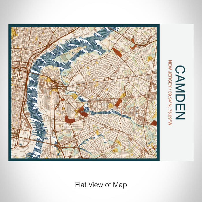 Rendered View of Camden New Jersey Map on 20oz Stainless Steel Insulated Bottle with Bamboo Top with printed woodblock style map