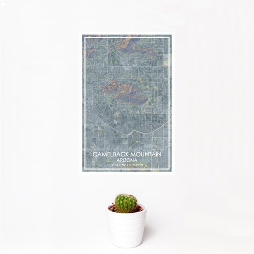 12x18 Camelback Mountain Arizona Map Print Portrait Orientation in Afternoon Style With Small Cactus Plant in White Planter