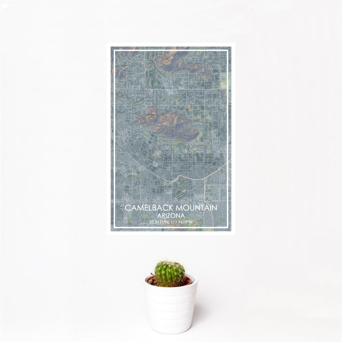 12x18 Camelback Mountain Arizona Map Print Portrait Orientation in Afternoon Style With Small Cactus Plant in White Planter