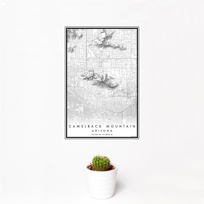 12x18 Camelback Mountain Arizona Map Print Portrait Orientation in Classic Style With Small Cactus Plant in White Planter