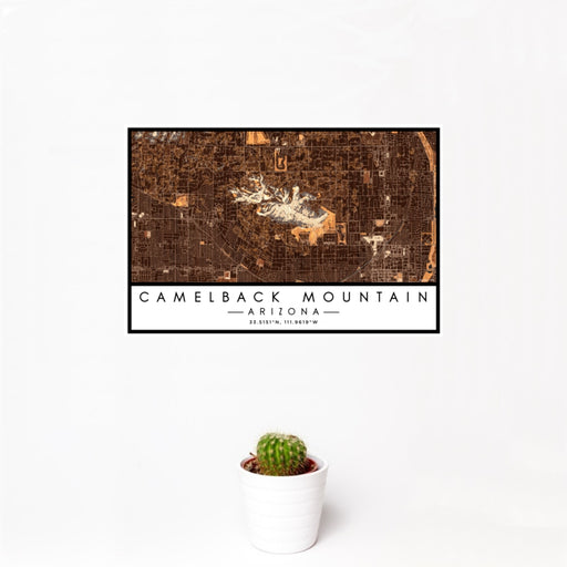 12x18 Camelback Mountain Arizona Map Print Landscape Orientation in Ember Style With Small Cactus Plant in White Planter