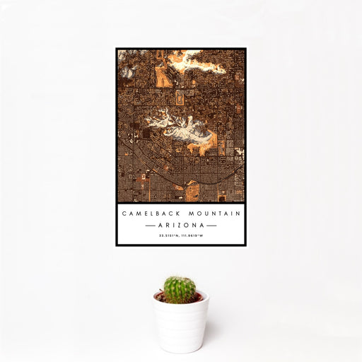 12x18 Camelback Mountain Arizona Map Print Portrait Orientation in Ember Style With Small Cactus Plant in White Planter