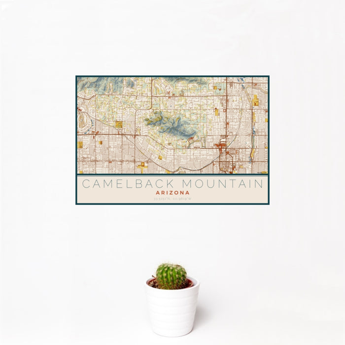 12x18 Camelback Mountain Arizona Map Print Landscape Orientation in Woodblock Style With Small Cactus Plant in White Planter