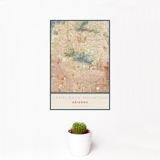 12x18 Camelback Mountain Arizona Map Print Portrait Orientation in Woodblock Style With Small Cactus Plant in White Planter
