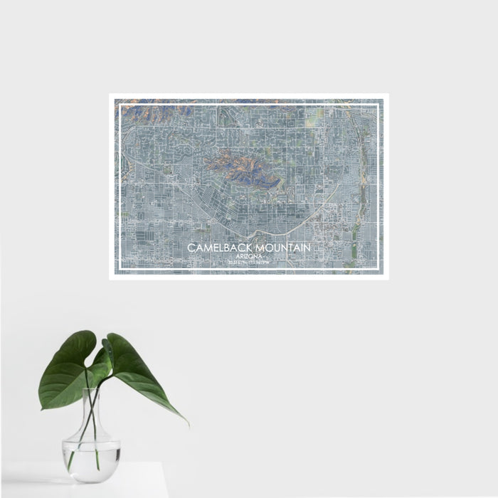16x24 Camelback Mountain Arizona Map Print Landscape Orientation in Afternoon Style With Tropical Plant Leaves in Water