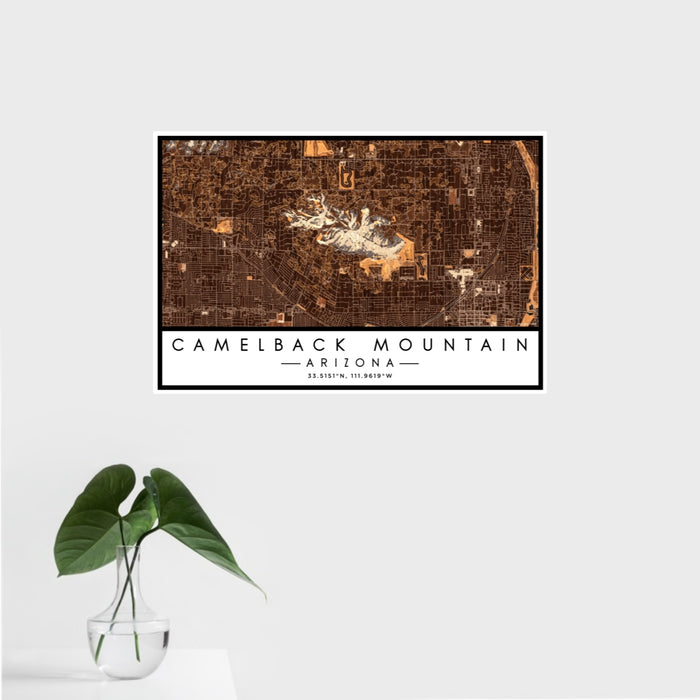 16x24 Camelback Mountain Arizona Map Print Landscape Orientation in Ember Style With Tropical Plant Leaves in Water