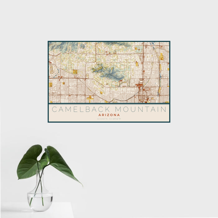 16x24 Camelback Mountain Arizona Map Print Landscape Orientation in Woodblock Style With Tropical Plant Leaves in Water