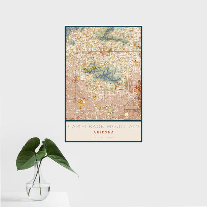 16x24 Camelback Mountain Arizona Map Print Portrait Orientation in Woodblock Style With Tropical Plant Leaves in Water