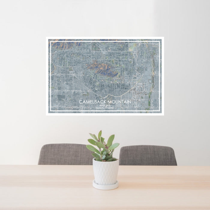 24x36 Camelback Mountain Arizona Map Print Lanscape Orientation in Afternoon Style Behind 2 Chairs Table and Potted Plant