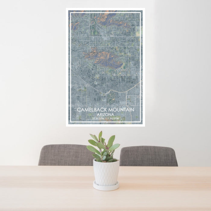 24x36 Camelback Mountain Arizona Map Print Portrait Orientation in Afternoon Style Behind 2 Chairs Table and Potted Plant