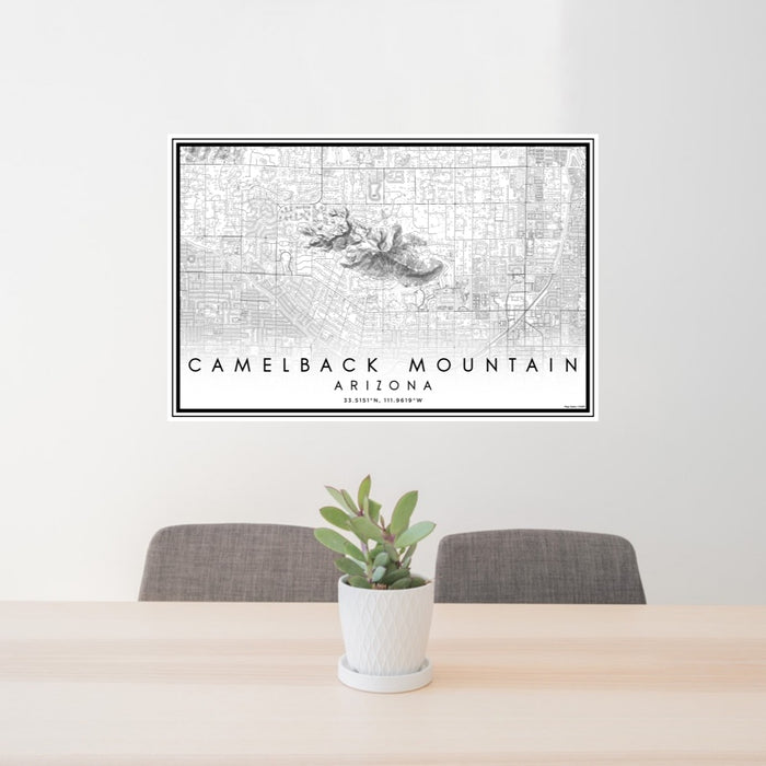 24x36 Camelback Mountain Arizona Map Print Lanscape Orientation in Classic Style Behind 2 Chairs Table and Potted Plant