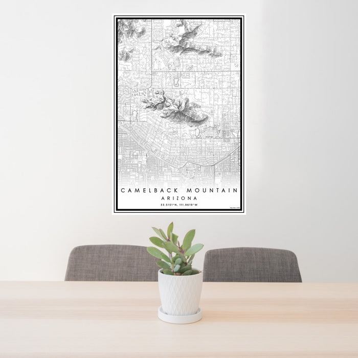 24x36 Camelback Mountain Arizona Map Print Portrait Orientation in Classic Style Behind 2 Chairs Table and Potted Plant