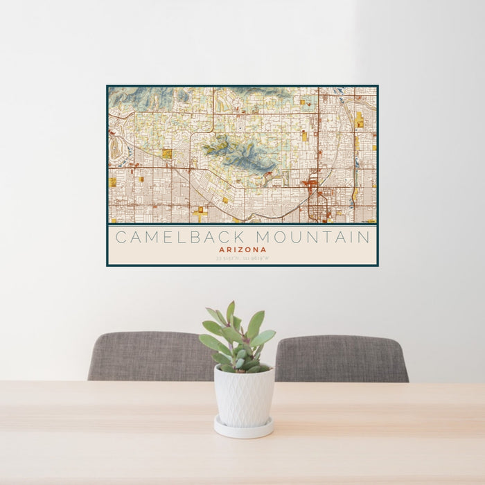 24x36 Camelback Mountain Arizona Map Print Lanscape Orientation in Woodblock Style Behind 2 Chairs Table and Potted Plant