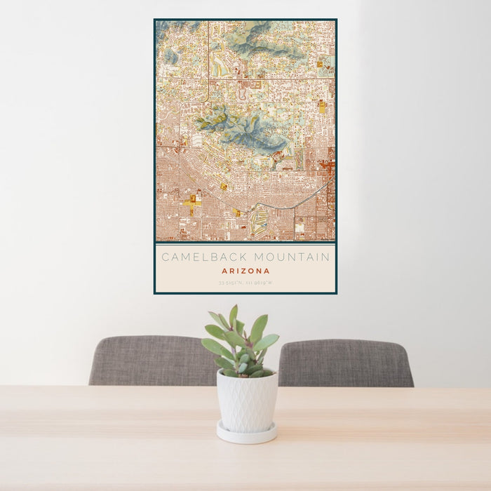 24x36 Camelback Mountain Arizona Map Print Portrait Orientation in Woodblock Style Behind 2 Chairs Table and Potted Plant