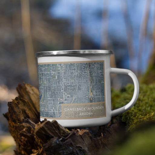 Right View Custom Camelback Mountain Arizona Map Enamel Mug in Afternoon on Grass With Trees in Background