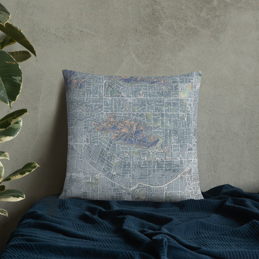 Custom Camelback Mountain Arizona Map Throw Pillow in Afternoon on Bedding Against Wall