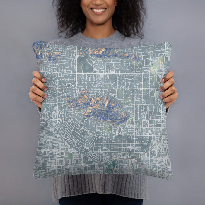 Person holding 18x18 Custom Camelback Mountain Arizona Map Throw Pillow in Afternoon