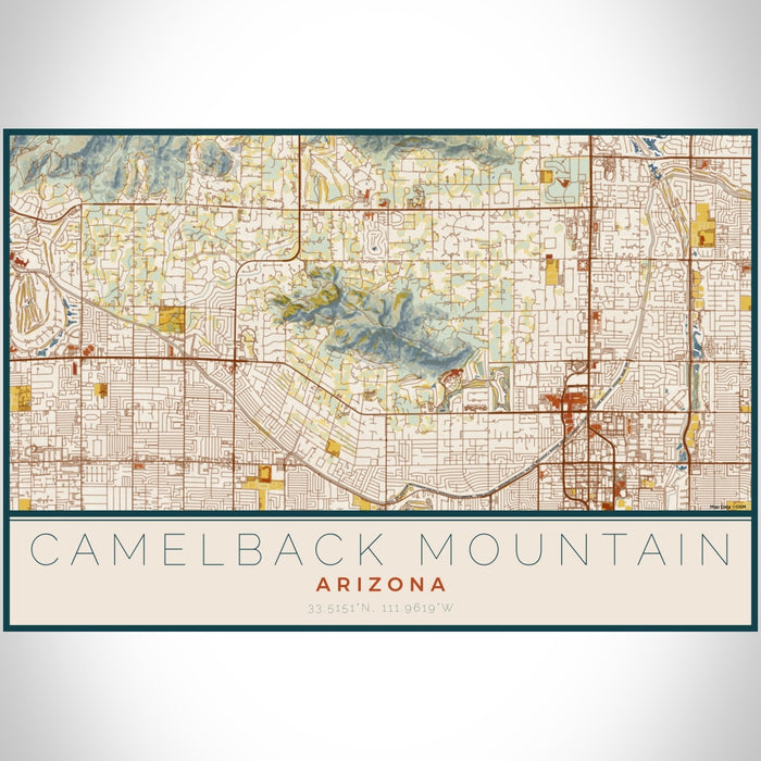 Camelback Mountain Arizona Map Print Landscape Orientation in Woodblock Style With Shaded Background
