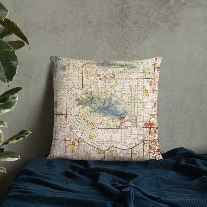 Custom Camelback Mountain Arizona Map Throw Pillow in Woodblock on Bedding Against Wall