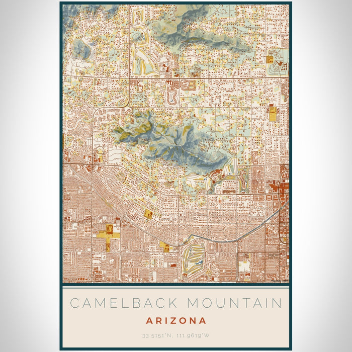 Camelback Mountain Arizona Map Print Portrait Orientation in Woodblock Style With Shaded Background
