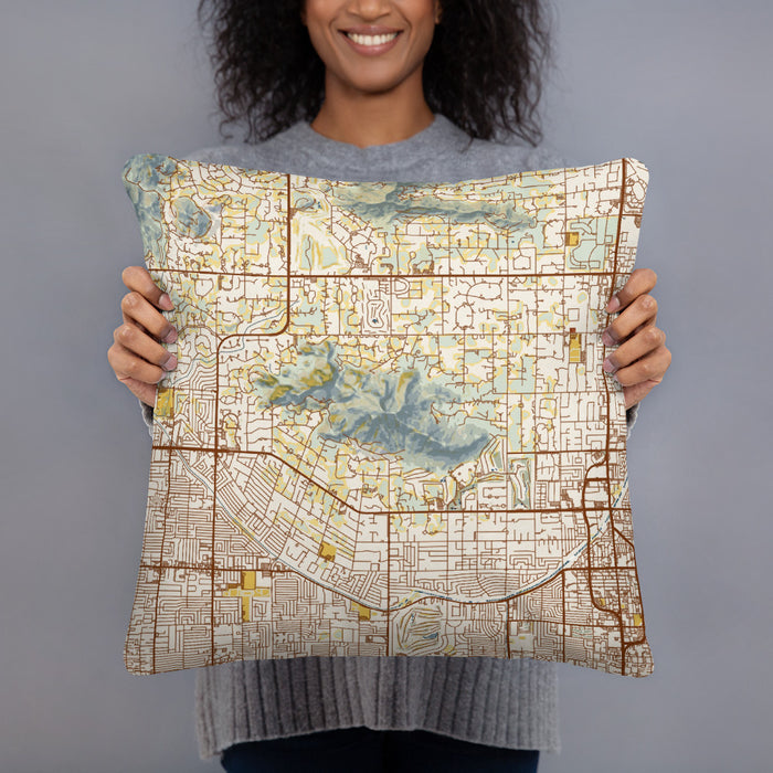 Person holding 18x18 Custom Camelback Mountain Arizona Map Throw Pillow in Woodblock