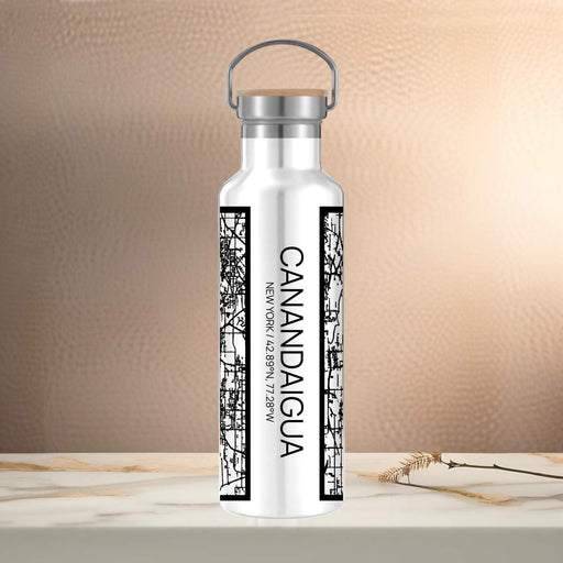 Canandaigua New York Custom City Map Inscription Coordinates on 20oz Stainless Steel Insulated Bottle with Bamboo Top in Matte White with printed Tactile Lines Map in Black