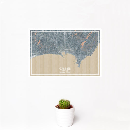 12x18 Cannes France Map Print Landscape Orientation in Afternoon Style With Small Cactus Plant in White Planter