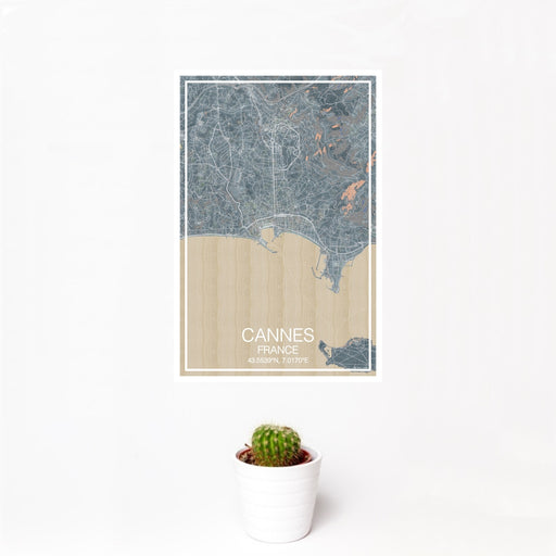 12x18 Cannes France Map Print Portrait Orientation in Afternoon Style With Small Cactus Plant in White Planter