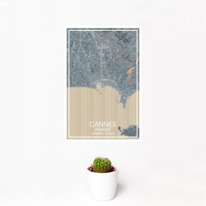 12x18 Cannes France Map Print Portrait Orientation in Afternoon Style With Small Cactus Plant in White Planter
