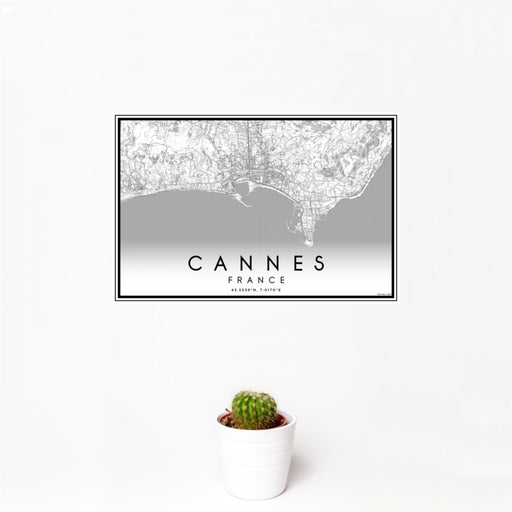 12x18 Cannes France Map Print Landscape Orientation in Classic Style With Small Cactus Plant in White Planter