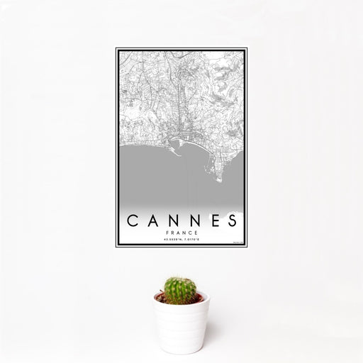 12x18 Cannes France Map Print Portrait Orientation in Classic Style With Small Cactus Plant in White Planter