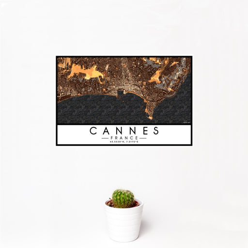 12x18 Cannes France Map Print Landscape Orientation in Ember Style With Small Cactus Plant in White Planter