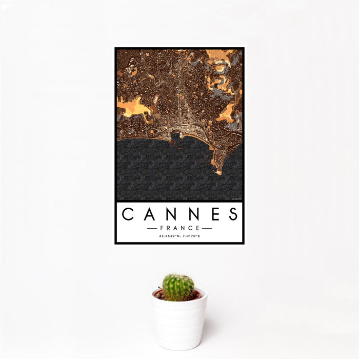 12x18 Cannes France Map Print Portrait Orientation in Ember Style With Small Cactus Plant in White Planter