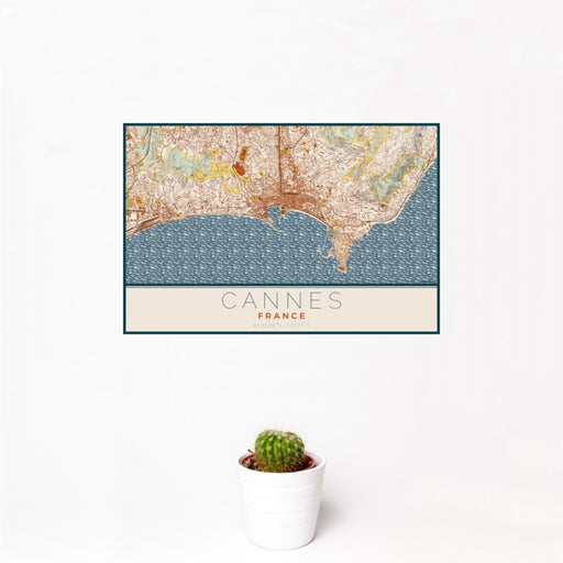 12x18 Cannes France Map Print Landscape Orientation in Woodblock Style With Small Cactus Plant in White Planter