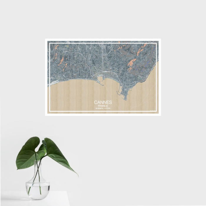 16x24 Cannes France Map Print Landscape Orientation in Afternoon Style With Tropical Plant Leaves in Water